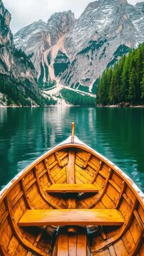 Wooden Boat on Serene Lake with Majestic Mountain View
