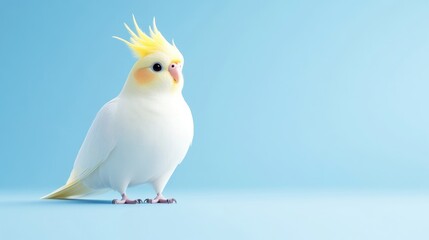Fluffy white parrot on a light blue background