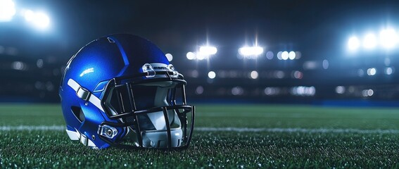 Blue football helmet on field at night. (4)