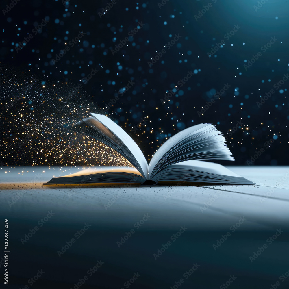 Aufkleber open book emits magical glow, surrounded by sparkling particles that create enchanting atmosphere. scene evokes sense of wonder and imagination