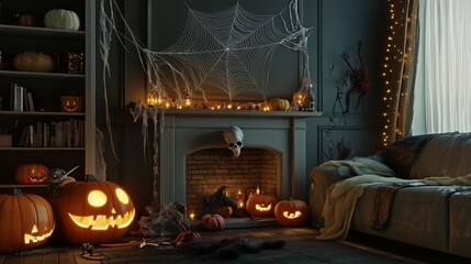 Eerie elegance, A halloween living room adorned with pumpkins, cobwebs and spooky decorations showcasing the festive spirit of halloween
