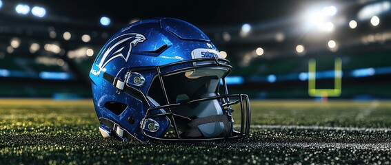 Fototapeta premium Blue football helmet on field at night. (6)