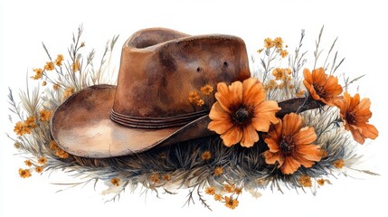 cowgirl hat and flowers clipart watercolor illustration hand painted digital artwork - image stock