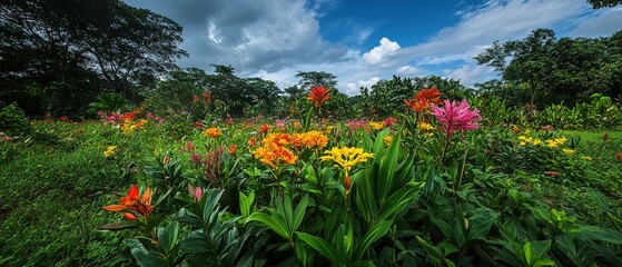 Vibrant flower garden under a partly cloudy sky.
