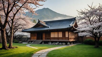 Fototapeta premium Traditional Japanese House Amid Cherry Blossoms in Morning Mist