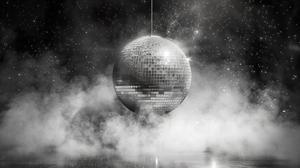 black and white image of disco ball designed for a party background. spinning discoball banner   