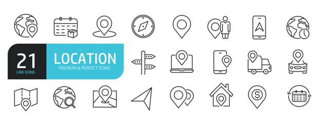 Set of line icons related to location, navigation, map. Outline icons collection. Editable stroke. Vector illustration