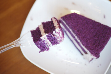 Delicious purple cake served on a white plate with fork