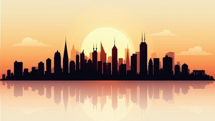 Obraz premium Silhouette cityscape at sunset with reflective water, modern metropolis skyline for marketing campaigns, corporate presentations, and website backdrops with copy space