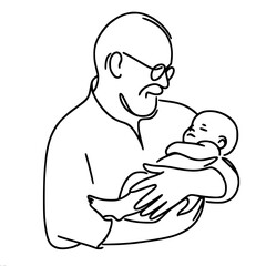 Elderly man, grandfather lovingly holding his grandson in his arms on simple line drawing