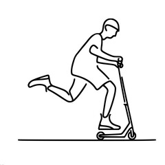 Teenage boy riding scooter in motion on minimalistic background, vector outline of one line