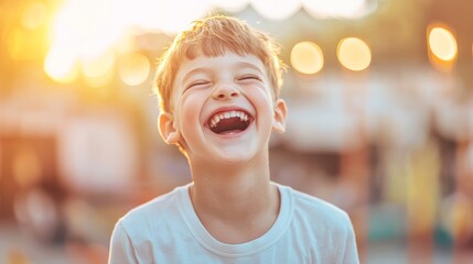 Joyful Little Boy Laughing in Colorful Playground Under Bright Sunlight