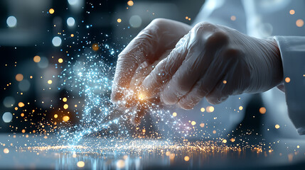 Creative spark hands crafting magic in a laboratory science showcase sparkling environment close-up view