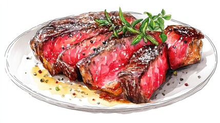 Watercolor of Delicious Grilled Beef Steak Detailed Hand Drawn,illustration,Freshly medium rare grilled beef steak, fried meat, close-up, isolated on white background.