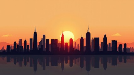Obraz premium Sky-touching city skyline silhouette, single-line skyscraper design, modern urban skyline at sunset, minimalist high-rise buildings art for posters, banners, and architectural backgrounds