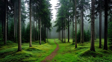 Obraz premium Enchanting foggy forest pathway morning light filtering serene nature scene ethereal environment