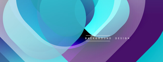 Abstract design features overlapping circles, gradients. Colors range from blue, turquoise, purple creating dynamic visual effect. Modern, smooth aesthetic.