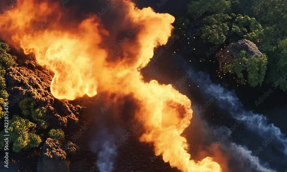 Poster aerial view of fiery fractal flames with dynamic curves and radiant energy made with generative ai t