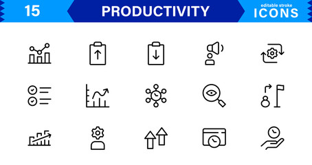 Professional Productivity Icon Set Vector Illustration. The Most Useful Icons for Time Management, Task Tracking, and Workplace Organization.