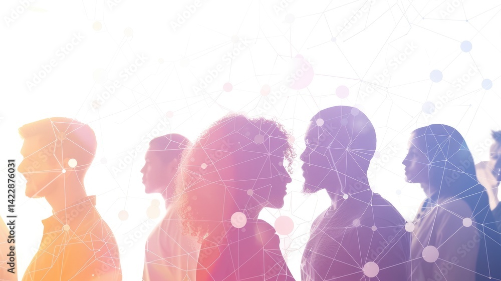 Poster picture symbolized people connect with particle connecting represent internet system for communicati
