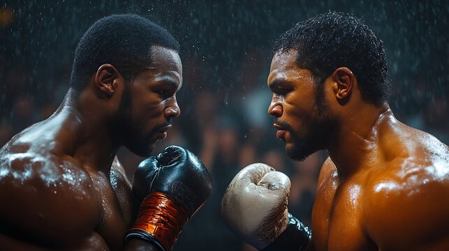 Two muscular boxers facing off in the rain, intense pre-fight moment.