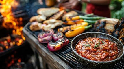 Fototapeta premium An outdoor barbecue scene with tomato chutney placed as a condiment next to grilled vegetables and bread.