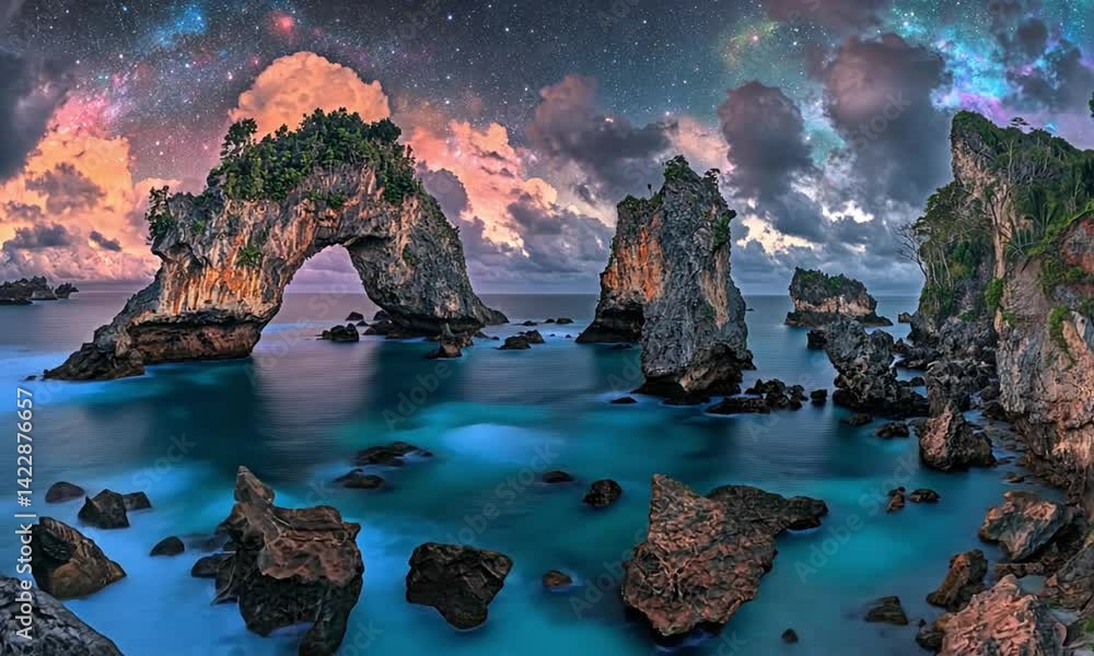Poster galactic horizon with scattered stars in a mesmerizing landscape made with generative ai technology