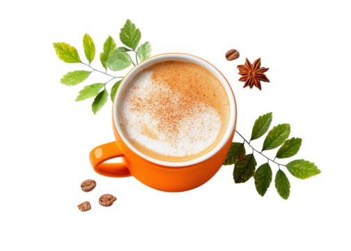 Top view of a cup of cappuccino with cinnamon, coffee beans, star anise, and leaves on a transparent background. Concept of coffee, cappuccino, and autumn.