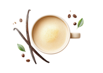Vanilla latte with coffee beans and vanilla sticks on a transparent background. Top view. Concept of coffee, vanilla, and latte.