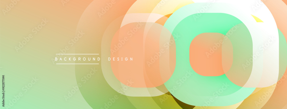 Poster Abstract background features overlapping translucent circles. Colors blend from pale green to peach, creating soft gradient effect. Minimalist design suitable for digital projects.