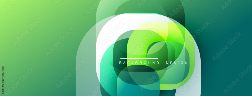 Poster abstract rounded squares overlap creating vibrant green, teal gradient. modern design features text 