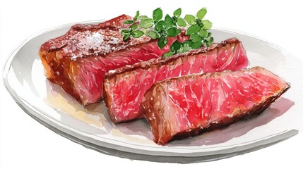 Obraz premium Watercolor of Delicious Grilled Beef Steak Detailed Hand Drawn,illustration,Freshly medium rare grilled beef steak, fried meat, close-up, isolated on white background.