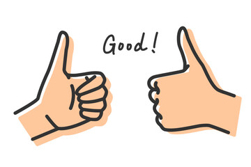 Vector illustration of thumb up hand sign and handwritten “Good”. Line width editable.