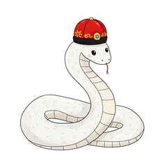 Fototapeta premium A white snake wearing a red festive Chinese hat, white background. Lunar New Year concept.