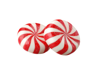 Two red and white striped peppermint candies on a transparent background. Sweet treat for the holidays.