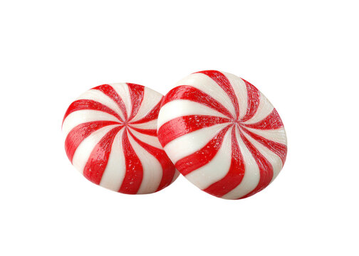 Two red and white striped peppermint candies on a transparent background. Sweet treat for the holidays.