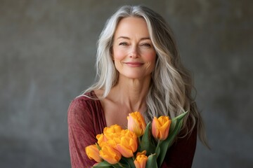 Naklejka premium Beautiful mature woman holding yellow tulips posing in front of gray background