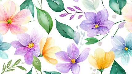 A Beautiful Watercolor Flowers Seamless Pattern Featuring Hand-Painted Pastel Blooms on a Soft White Background Perfect for All Your Creative Projects