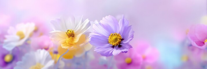 Beautiful colorful flowers in spring, soft blurred background, minimalist style, still life botanical floral nature photography.