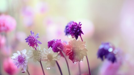Beautiful colorful flowers after the rain in spring morning, soft blurred background, minimalist style, still life plants and flowers nature photography.