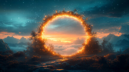 Cosmic portal framed in glossy obsidian radiates swirling violet and gold energy waves revealing a starry void beyond symbolizing mystery transition higher consciousness and the allure of the unknown
