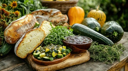 A farm-to-table spread with marrow chutney placed next to fresh zucchini, squash, and loaves of bread.