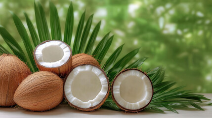Fresh coconuts with green palm leaves create tropical and vibrant atmosphere, showcasing natural beauty of these fruits. rich textures and colors evoke sense of freshness and vitality