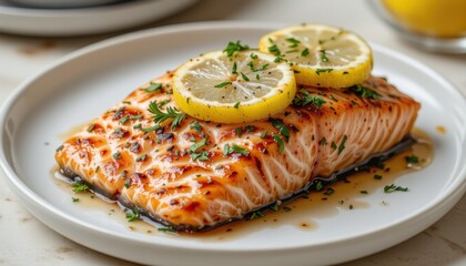 grilled salmon fillet with lemon and herbs, white plate on pastel background