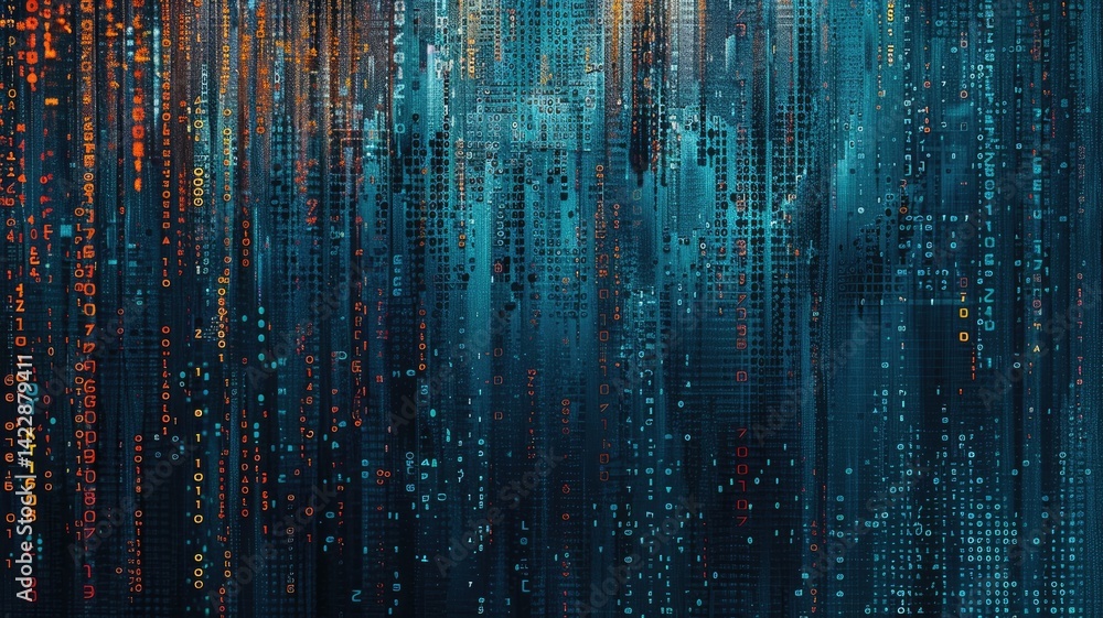 Poster this dark blue tech background features cascading code elements, creating a modern digital atmospher