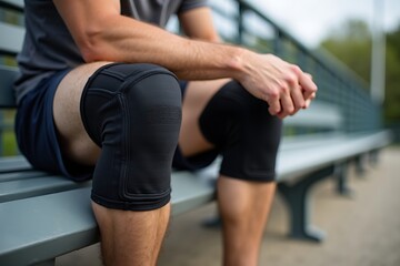 Naklejka premium Man With Tan Skin Is Seated On A Gray Bench Wearing A Black Knee Brace With Straps, Muscle Recovery, Injury Support