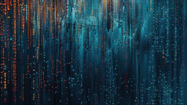 This dark blue tech background features cascading code elements, creating a modern digital atmosphere perfect for technology-related projects or visuals.