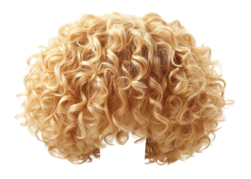 Blond curly wig on transparent background. Hairpiece for cosplay or costume.