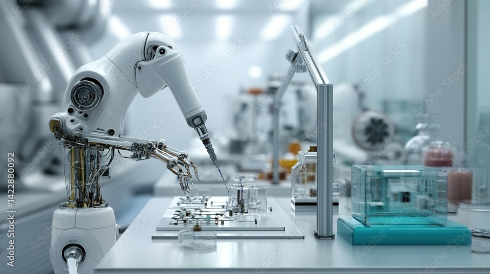 Poster robotic arms conduct intricate experiments in a modern laboratory.