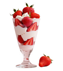 strawberry parfait in a tall glass, positioned left with empty space on the right, pastel background